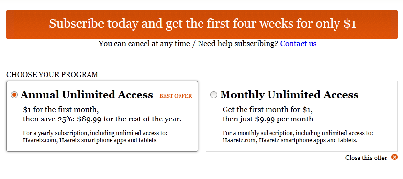 Haaretz special subscription offer for IOA readers